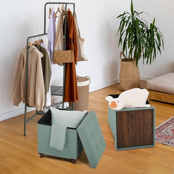 Dorriss Storage Ottoman, Ottoman with Storage for Living Room Square Ottoman with Tray Lid Bedroom Storage Footstool Cube Small Ottomans Foot Rest Stool with Legs Foldable Faxu Leather 15" Inches