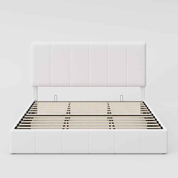 Allewie King Size Velvet Lift Up Storage Bed Frame, Vertical Channel Tufted Headboard, Hydrualic Underneath Storage, Upholstered Platform Bed, Wooden Slats Support, No Box Spring Needed, White