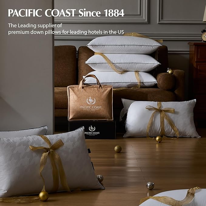 Pacific Coast Bed Pillow, Luxury Hotel Collection White Goose Down Pillow for Sleeping, 650 Fill Power, 450 Thread Count 100% Cotton Jacquard Fabric, Luxury Plush Feel, Soft, Standard Size, 1 Pack