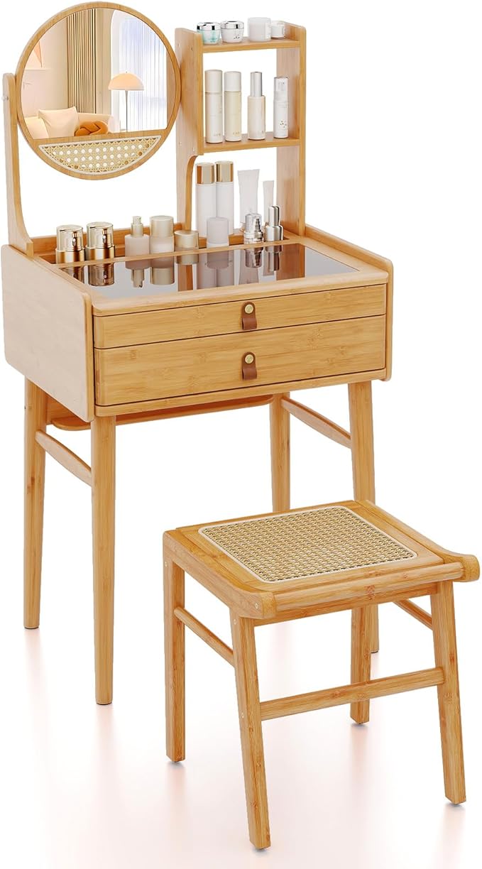CHARMAID Small Bamboo Vanity Desk with Mirror and Stool, Glass Top Makeup Vanity Table with Storage Drawers, Shelves & Deep Tabletop Groove, Compact Dressing Table for Bedroom Small Spaces, 23.5" W