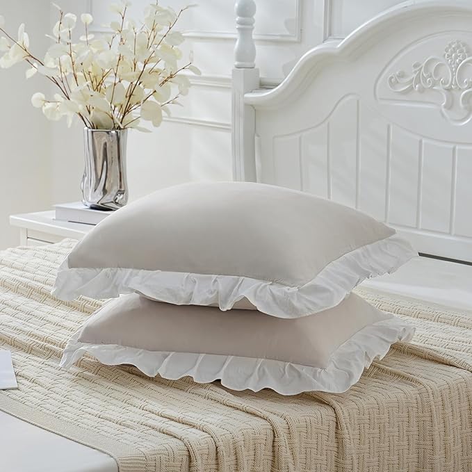Merryword Beige and White Reversible Pillowcases 18x18 Throw Pillow Covers Pack of 2 Soft Microfiber Ruffle Decorative Pillowcase Cushion for Couch Sofa Bedroom