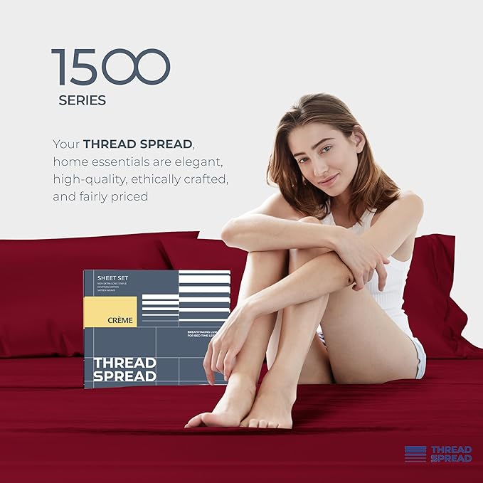 THREAD SPREAD 100% Egyptian Cotton Sheets Queen Size - Luxury 1500 Series Queen Sheet Set Egyptian Cotton (4 PC, Burgundy), Silky Soft, Sateen Weave, Cooling & Breathable, 17" Deep Pocket Bed Set