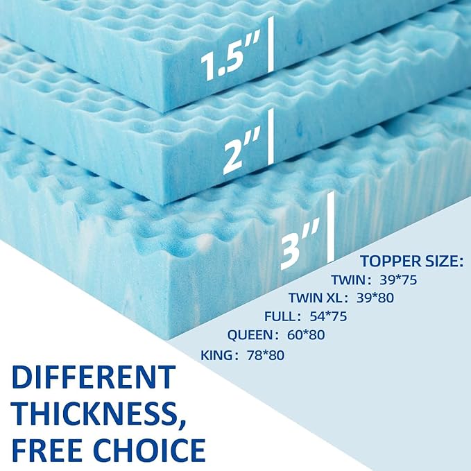 SINWEEK 1.5 Inch Mattress Topper 5-Zone Memory Foam Mattress Topper Pressure Relieve Soft Mattress Pad, CertiPUR-US Certified, Twin Size Blue