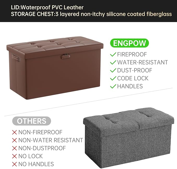 ENGPOW Storage Ottoman Bench,Fireproof Folding Bench with Lock,30 Inches Fire&Water Resistant Storage Chest Foot Rest Stool Leather Bedroom Bench with Storage Safe for Document,Valuables, Brown
