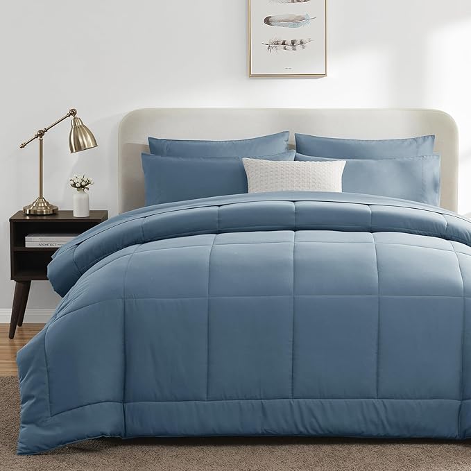 CozyLux Twin Comforter Set with Sheets Mineral Blue, 5 Pieces Bed in a Bag, Blue Comforter Twin Size, All Season Bedding Set with Stitch Quilted Comforter, Flat Sheet, Fitted Sheet, Pillowcases