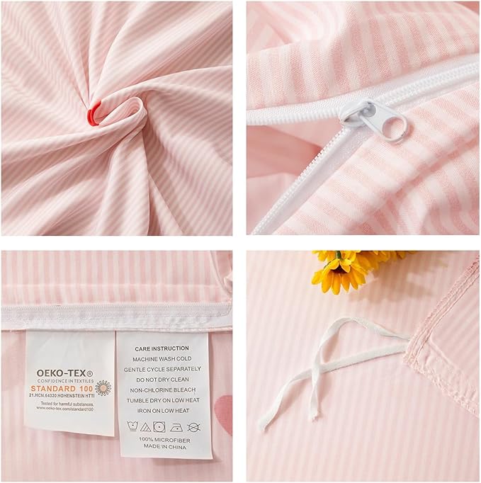 Nayoroom Heart Duvet Cover Queen Size Cute Pink Striped Printed Bedding Set 3Pcs Kids Girls Kawaii Heart-Shaped Comforter Cover with Zipper Closure Soft Breathable Microfiber