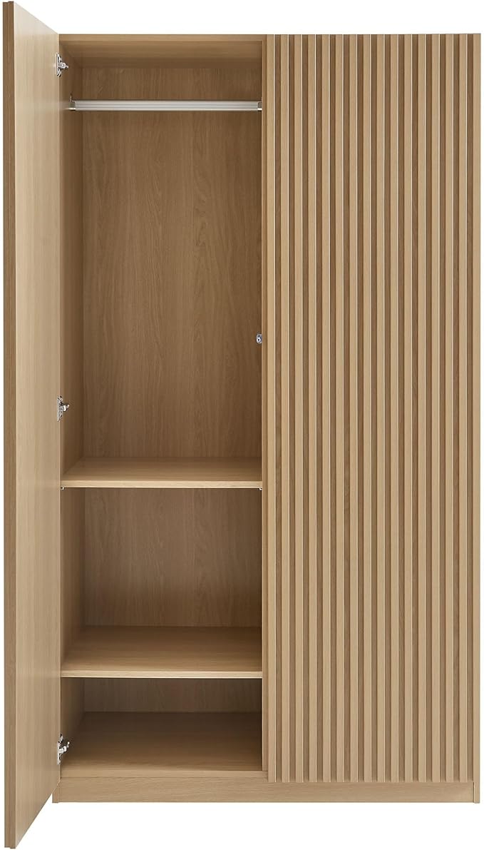Modway Render Mid Century Modern Wardrobe Armoire Closet in Oak w/Vertical Slatted Doors - 71Inch Freestanding Closet w/Adjustable Shelves & Hanging Rods - Tall Bedroom Storage Cabinet