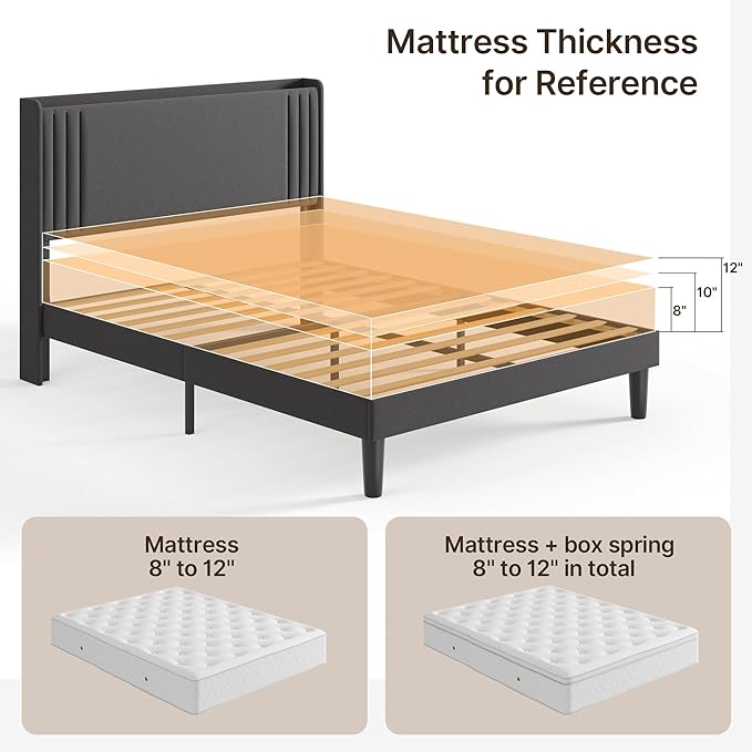 Gizoon Queen Bed Frame with Charging Station and LED Lights,Upholstered Wingback Platform Bed with Wooden Slats,Noise-Free,No Box Spring Needed