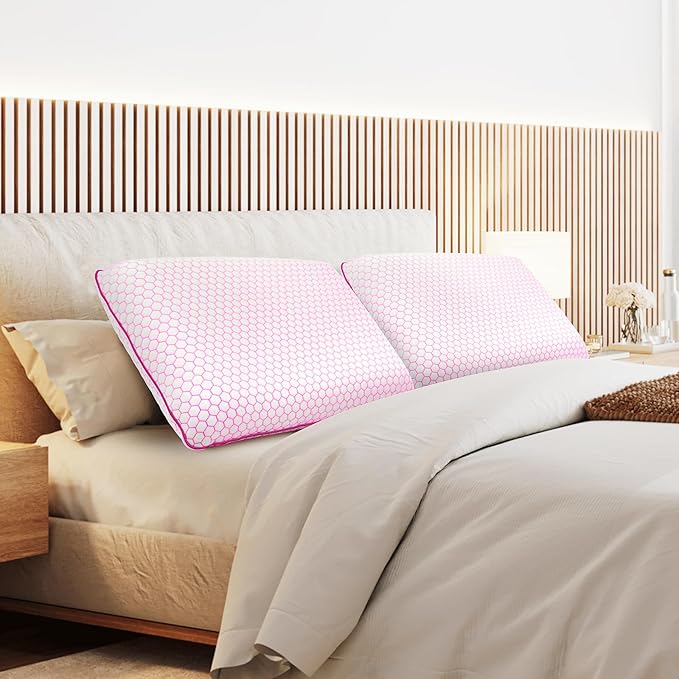 CushyOasis Memory Foam Pillows for Side, Back and Stomach Sleepers, Set of 2, Bed Pillow with Washable Cover and Breathable Mesh, Bed Pillow for Sleeping (Pink,Queen Size)
