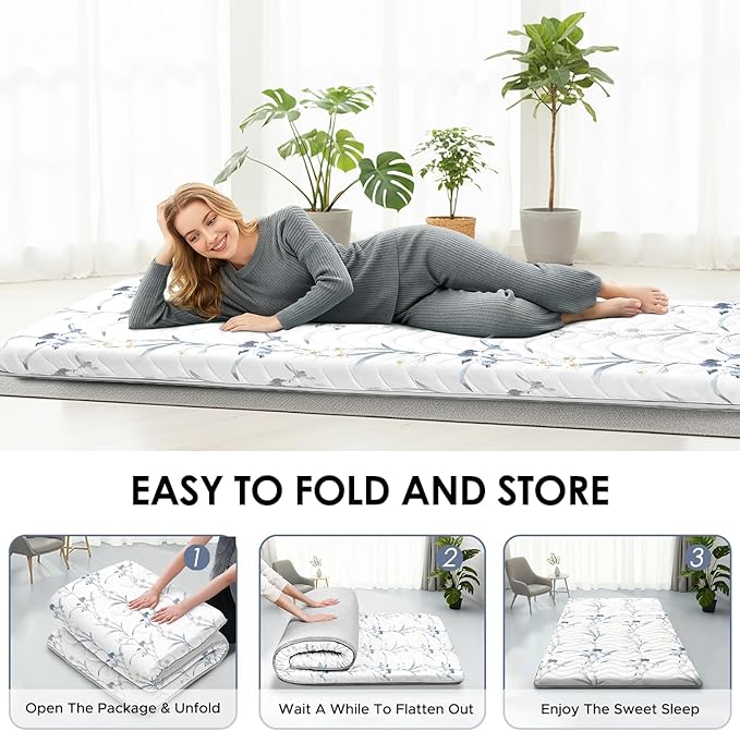 SCHNAUZER HOME Japanese Floor Mattress, 3.5" Thicken Ink Wash Floral Pattern Portable Futon Mattress, 100% High-Density Foam Tatami Mat Sleeping Pad for Camping Guest Room Dormitory RV, White, Full