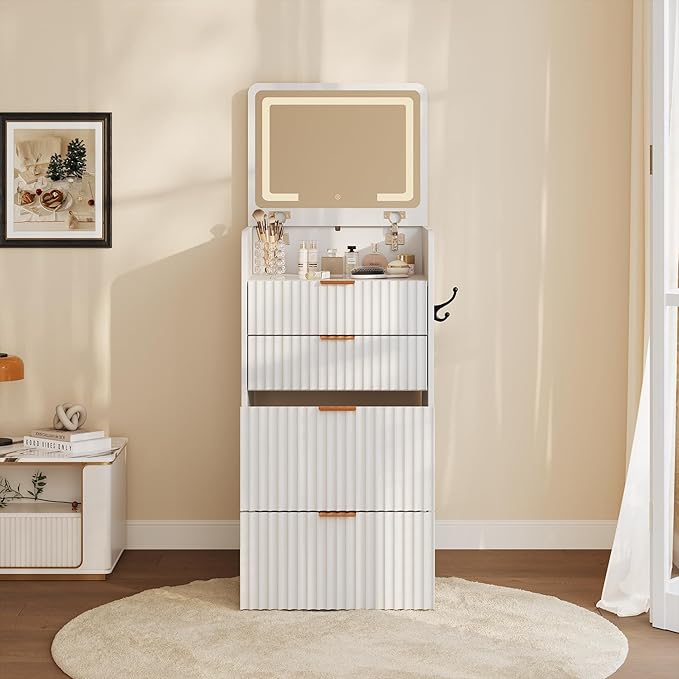 Garvee 3 in 1 Vanity Desk with 3 Drawers and Rolling Stool, Compact Vanity with Flip Top Mirror and Lights, Modern Small Makeup Vanity Table with Charging