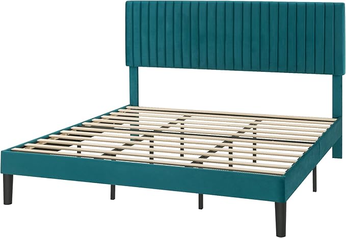 SHA CERLIN King Upholstered Platform Bed Frame with Vertical Channel Tufted Velvet Fabric Adjustable Headboard, Wooden Slats Support, Mattress Foundation, Box Spring Optional, Teal
