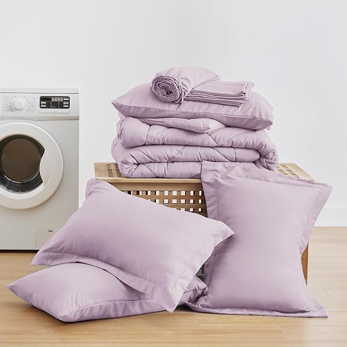 Love's cabin Full Comforter Set Light Purple, 7 Pieces Full Bed in a Bag, All Season Bedding Sets with 1 Comforter, 1 Flat Sheet, 1 Fitted Sheet, 2 Pillowcase and 2 Pillow Sham | Soft, Breathable, Lightweight, Comfortable