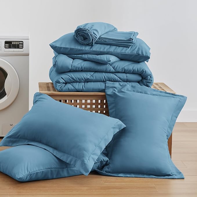 Love's cabin California King Comforter Set Misty Blue, 7 Pieces California King Bed in a Bag, All Season Bedding Sets with 1 Comforter, 1 Flat Sheet, 1 Fitted Sheet, 2 Pillowcase and 2 Pillow Sham | Soft, Breathable, Lightweight, Comfortable