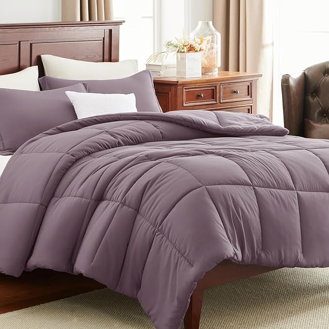 CozyLux King Size Comforter Set - 270GSM Dusty Purple Bedding Sets for All Seasons Size, 3 Pieces Box Stitched Bed Set with 1 Down Alternative Comforter and 2 Pillow Shams, Soft, Lightweight, Durable