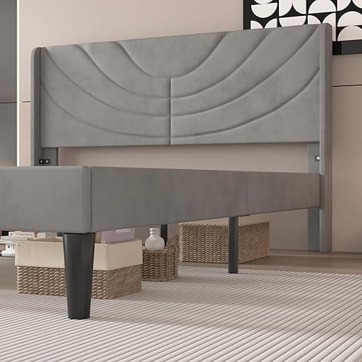 VECELO Upholstered Platform Queen Bed Frame with Fabric Headboard,Wooden Slats Support/No Box Spring Needed/Mattress Foundation,Dark Grey