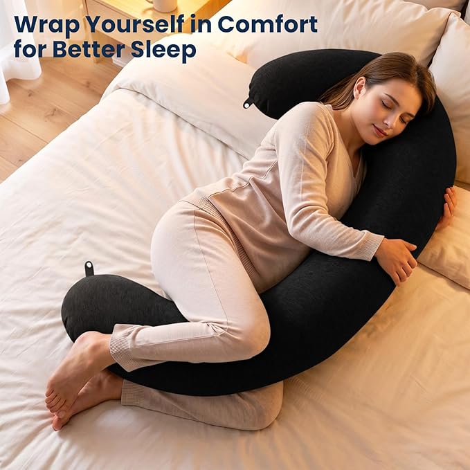 TranquilRelax C Shaped Body Pillow for Side Sleepers, Memory Foam Long Pillow for Leg, Hip & Back Support, Soft Washable Cover,Black-47 * 10"