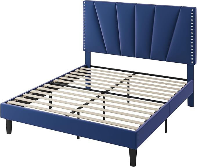 SHA CERLIN Queen Size Bed Frame with Adjustable Upholstered Velvet Rivets Headboard, Sturdy Wooden Slats, Strong Platform Support for Mattress, No Box Spring Needed, Easy Assembly, Blue