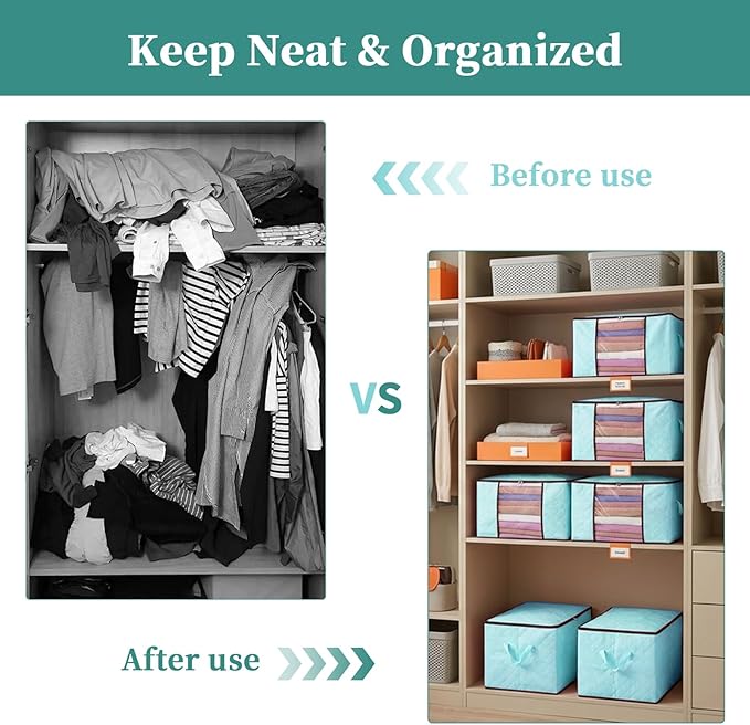 90L Clothes Blanket Storage Bags, 6 Pack Under Bed Storage Bins with Lids, Foldable Closet Organizer with Reinforced Handles for Clothing, Blanket, Comforters, Bed Sheets, Pillows and Toys, Blue