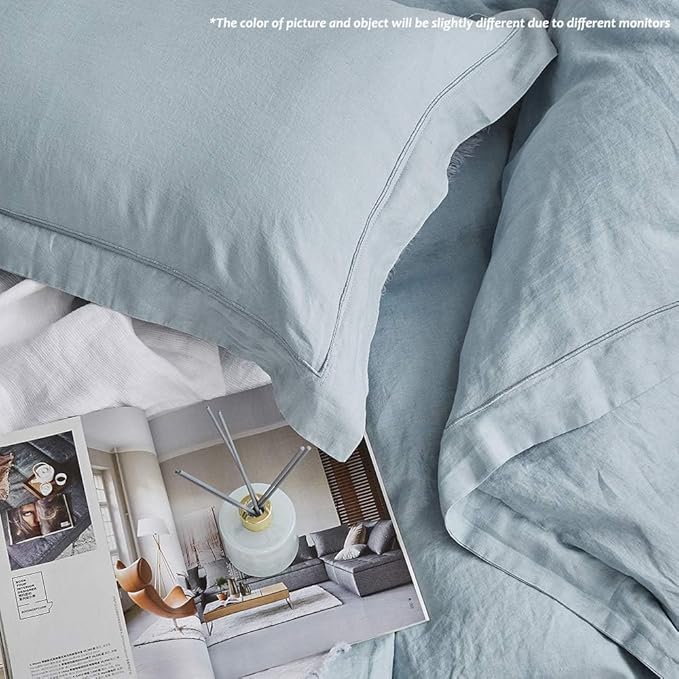 Simple&Opulence 100% Linen Duvet Cover Set with Embroidery Border Washed - 3 Pieces (1 Duvet Cover & 2 Pillow Shams) with Button Closure Soft Breathable Farmhouse - Dusty Blue, Full Size
