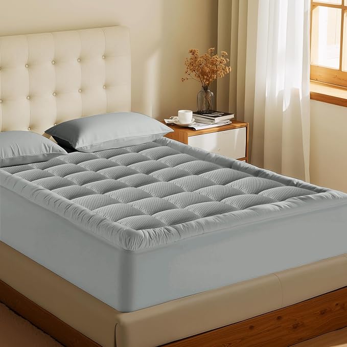 MATBEBY Queen Size Mattress Pad - Cooling Breathable Mattress Topper, Quilted Fitted Mattress Protector, Pillow Top Mattress Cover with 8-21" Deep Pocket, Machine Washable, Light Grey, 60x80 Inches