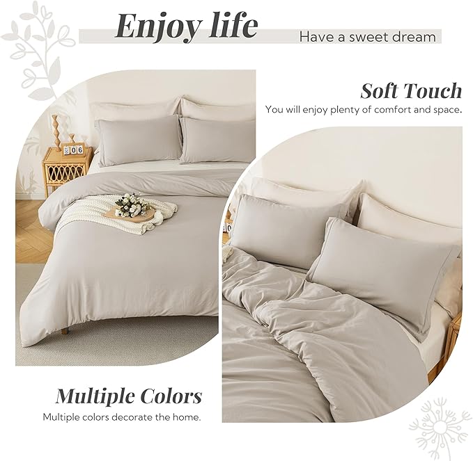 MILDLY Super Soft Duvet Cover - 100% Washed Microfiber Linen Grey Comforter Cover Set 3 Pieces with Zipper Closure & Corner Ties (No Comforter)