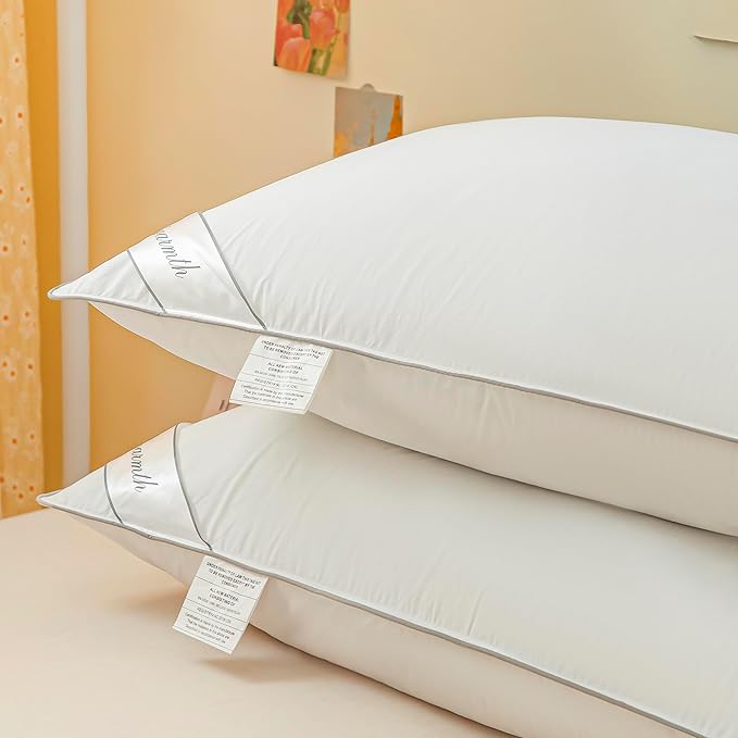 King Size Goose Down Feather Hotel Collection Bed Pillows with Grey Piping for Sleeping,100% Cotton Cover White Color King(20x36IN) One Pillow