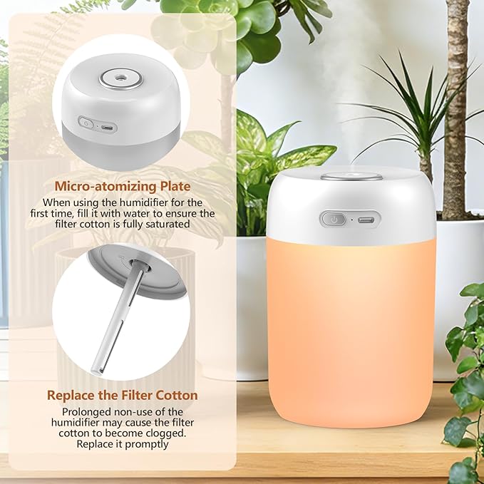 Portable Small Humidifier, 650ml Colorful Mini Humidifier, 7 Colors&Warm Light, Humidifiers for Bedroom, Office, Dsektop(White)