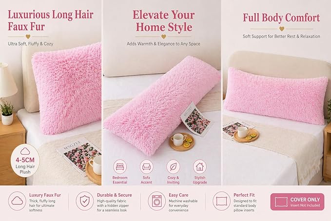 Reafort Luxury Faux Fur Body Pillow Cover 21" x 54", Long Hair PV Plush Body Pillow Case with Hidden Zipper Closure, Ultra Soft Fluffy Decorative Long Pillow Cover (Pink, Body)