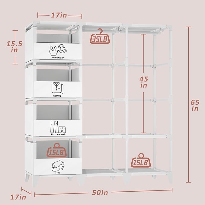 Portable Closet, Easy Assembly, Large Capacity Wardrobe Closet, Sturdy and Stable Clothes Rack with Shelves 4 Storage Baskets and 2 Hanging Rods, for Bedroom and Cloakroom White