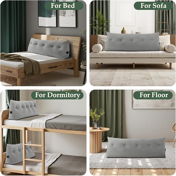 Huatean Home Soft Headboard Pillow Twin Size, Wall Backrest Wedge Pillow Headboard Twin XL, Reading Backboard Pillows, Large Dorm Daybed Bolster Pillows for Back Support with Removable Cover, Gray