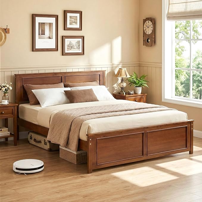 Giantex Wood Queen Size Bed Frame with Headboard, Farmhouse Solid Platform Bed w/Wooden Slat Support Mattress Foundation, Under-Bed Storage, No Box Spring Needed, Walnut