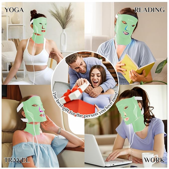 Red Light Therapy for Face, LED Light Therapy Mask Skin Care Mask & Neck, LED Red & NIR Light Therapy Wavelength for Home Use, Working Travel Yoga Sleep green