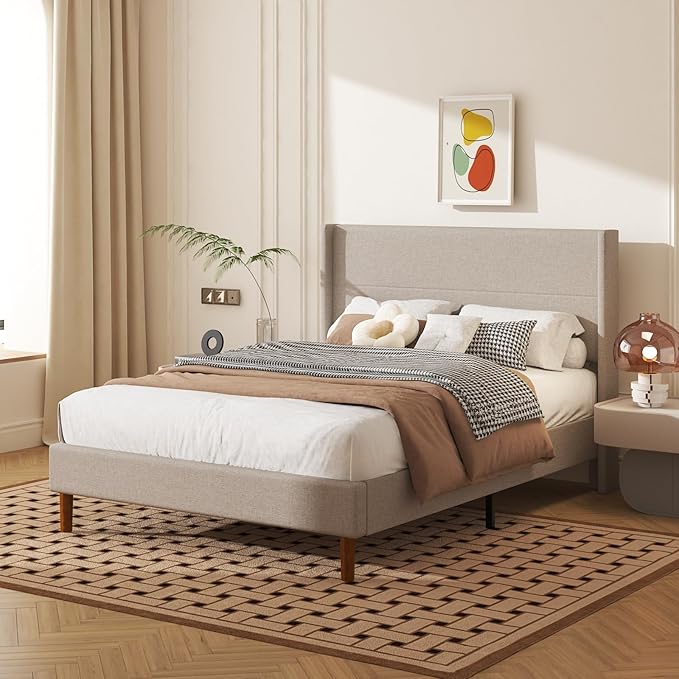 Full Size Bed Frame, Linen Upholstered Platform with Wingback Headboard, Wooden Slats Support, No Box Spring Needed, Easy Assembly, Beige