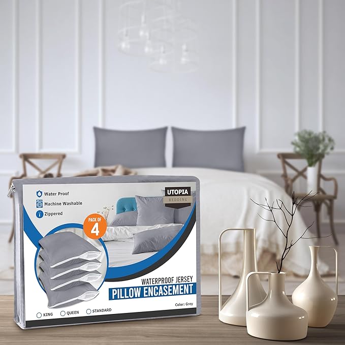Utopia Bedding Premium 100% Waterproof Pillow Protectors with Zipper King Size (Set of 4), Bed Bug and Dust Mite Proof Zippered Pillow Covers, Pillow Encasement Cases, Gray