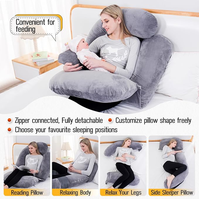 Shredded Memory Foam Body Pillow, Pregnancy Pillows for Sleeping, Maternity Pillow for Pregnant Women, Memory Foam Filling U Shaped Body Pillow with Velvet Cover (Gray, 60 inch)