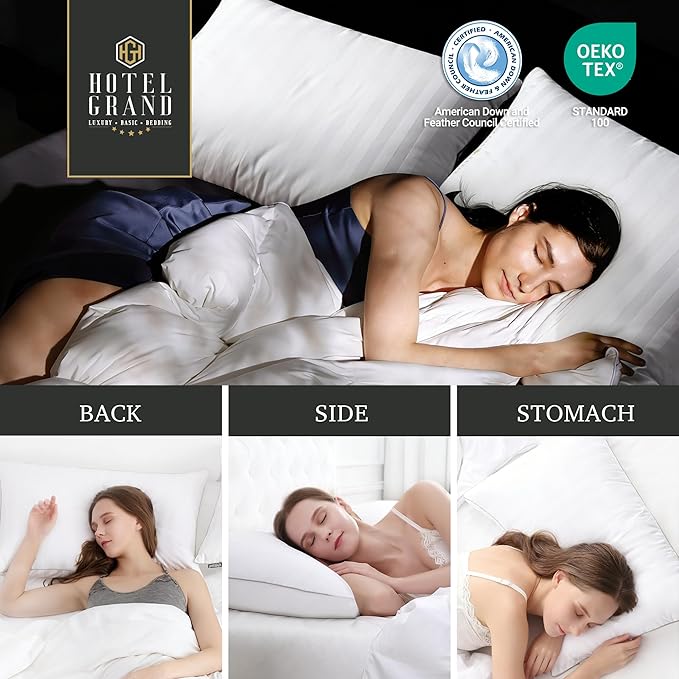Hotel Grand Bed Pillows King Size Set of 2 Packs - 500 Thread Count 100% Cotton Medium Firm Hypoallergenic Feather Down Pillows Machine Washable Pillow for Back, Stomach or Side Sleepers, 20"x36"