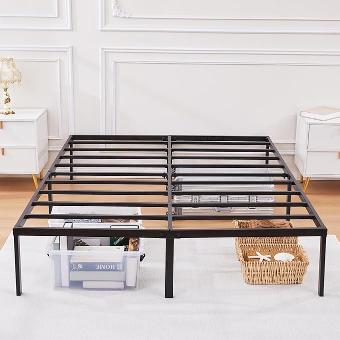 Heavy Duty Metal Bed Frame Full Size 54" W 75 "L 14 "H inch with Storage Mattress Foundation Steel Slats Platform Easy Assembly Black