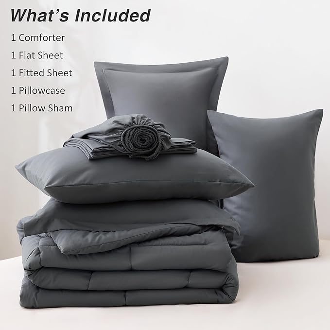 Love's cabin Twin XL Comforter Set Soot Grey, 5 Pieces Twin XL Bed in a Bag, All Season Bedding Sets with 1 Comforter, 1 Flat Sheet, 1 Fitted Sheet, 1 Pillowcase and 1 Pillow Sham | Soft, Breathable, Lightweight, Comfortable