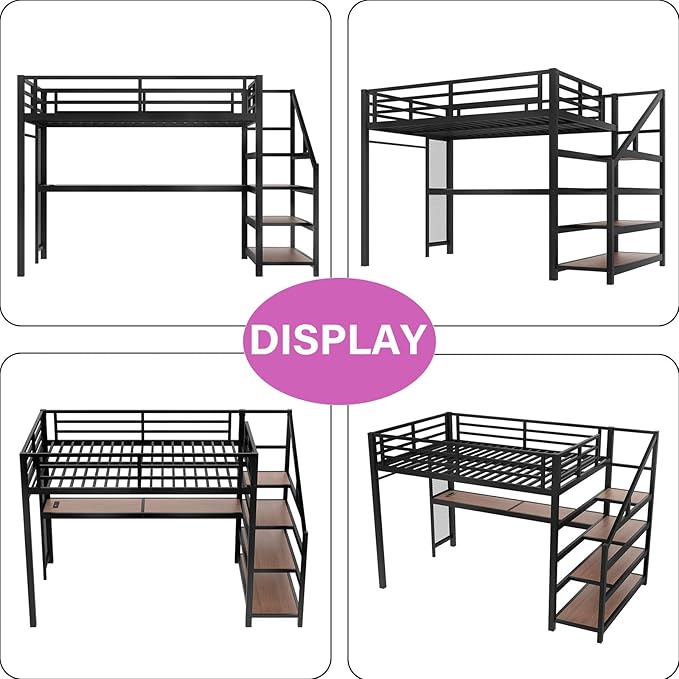Queen Size Loft Bed with Desk and Storage Stairs,Metal Heavy Duty Loft Bed Queen Size with LED Light, Charging Station, LoftBed Frames for Teens, Adults, No Box Spring Needed, Black
