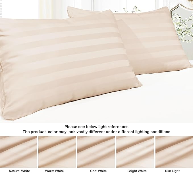 100% Egyptian Cotton Queen Pillow Protectors Set of 4, 400 Thread Count Sateen Weave Cooling Pillowcase, Easy Care Zippered Style Pillow Covers (4 Pack, Stripe-Beige,Queen)