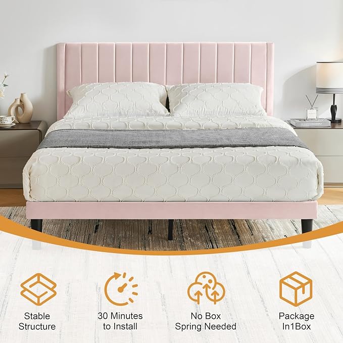 Full Bed Frame Upholstered Platform,Full Size Bed Frame with Velvet Headboard,Non-Slip and Noise-Free/Wooden Slats Support/No Box Spring Needed/Easy Assembly/Mattress Foundation (Pink, Full)