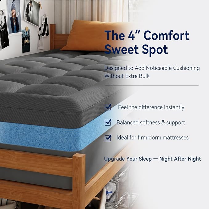 ELEMUSE Dual Layer 3 Inch Memory Foam Mattress Topper Twin XL, Dorm Room 2 Inch Cooling Gel Memory Foam Plus 1 Inch Down Alternative Pillowtop Mattress Pad, College Essential, Comfort Support, Grey