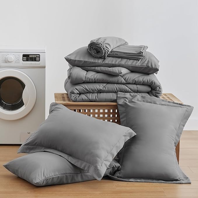 Love's cabin Full Comforter Set Grey, 7 Pieces Full Bed in a Bag, All Season Bedding Sets with 1 Comforter, 1 Flat Sheet, 1 Fitted Sheet, 2 Pillowcase and 2 Pillow Sham | Soft, Breathable, Lightweight, Comfortable