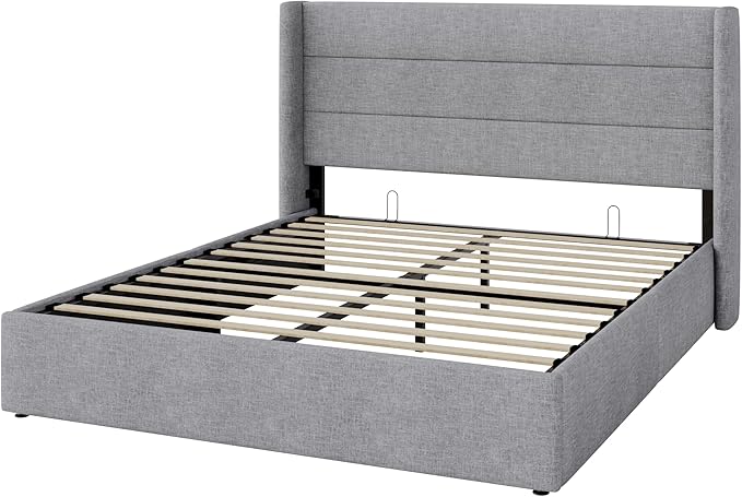 Allewie Full Size Lift Up Storage Bed, Modern Wingback Headboard, Hydraulic Support, No Box Spring Needed, Light Grey