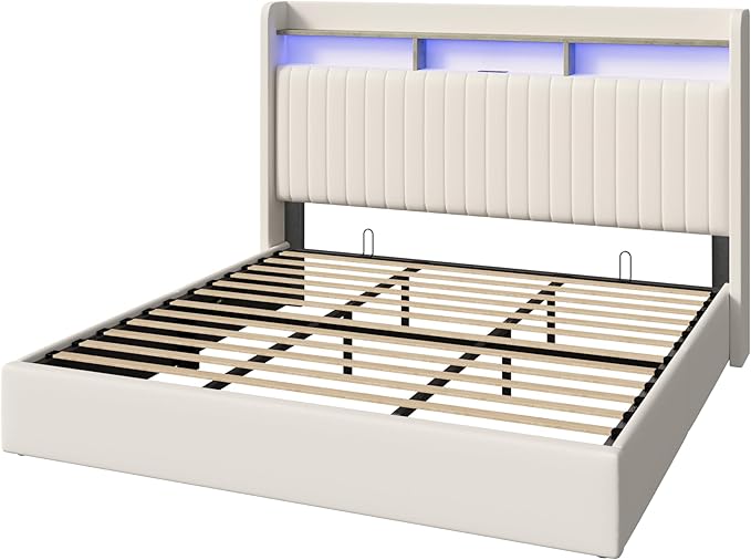 SHA CERLIN King Size Lift Up Storage Bed Frame/LED Lights/Charging Station/2-Tier Shelves Headboard/USB,Type-C Ports/Velvet Upholstered/Hydraulic Support/No Box Spring Needed/Noise Free/Cream