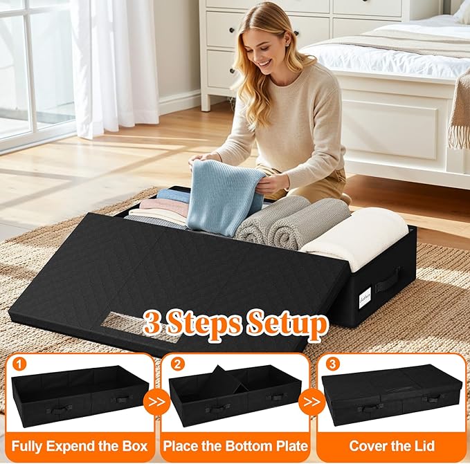 StoreHappily Under Bed Storage Containers with Lids - 3 Pack, Foldable and Stackable Clothes Storage Bags with Clear Window, 3-Sided Handles and Label Slot for Clothing, Blankets, Pillows (Black)