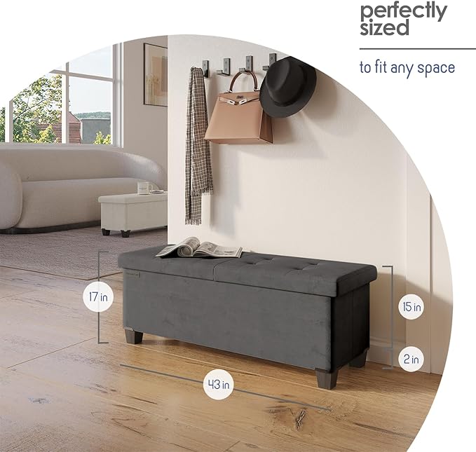 Storage Ottoman Bench with Bins, 43-in Storage Bench for Bedroom End of Bed, Folding Foot Rest Ottoman for Living Room Max 660lbs, Velvet Ottomans, Grey
