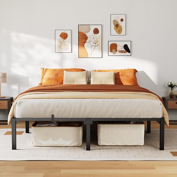 14 Inch King Metal Bed Frame, Heavy Duty Metal Platform Bed Frame with Reinforced Slats Support, 800 Lbs Load Capacity, Noise Free, No Box Spring Needed and Screws , Tool-Free Assembly Bed Frame