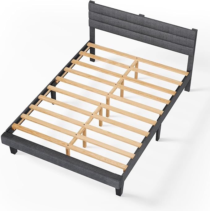 VINGLI Platform Bed Frame Queen Size with Linen Fabric Headboard,Modern Panel Low Profile Bed with Upholstered & Sturdy Slats Support for Bedroom, Mattress Foundation, Dark Gray